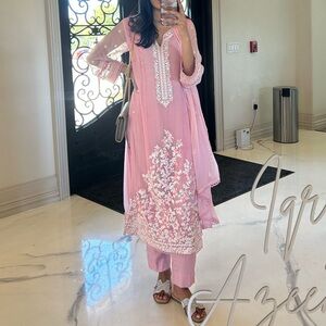 Agha Noor Pakistani 3pc suit baby pink with floral embroidery